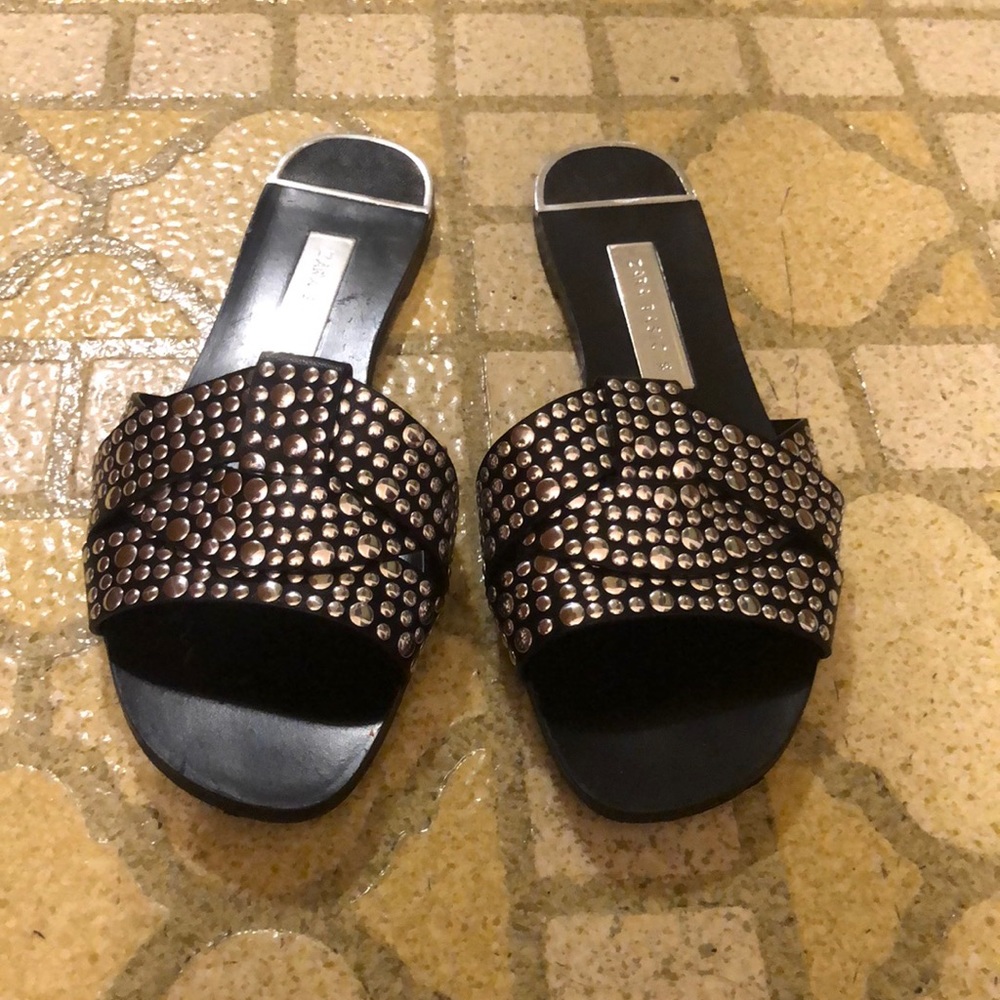 Zara Black Studded Slide On Sandals 6